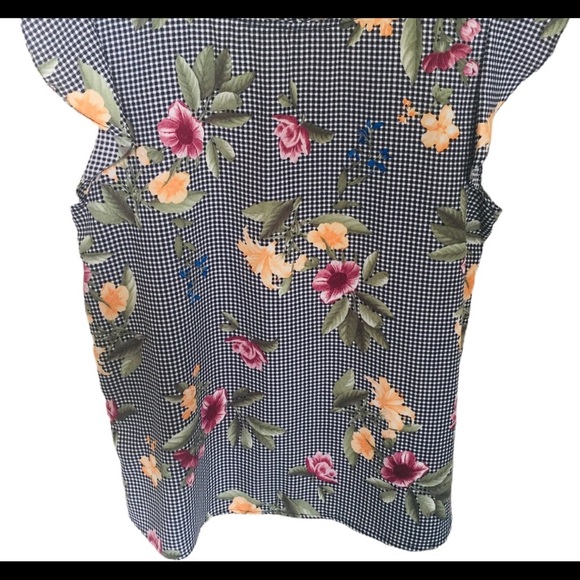 WESTMOON Floral Flutter Sleeve Blouse With Gingham Print Black Gingham Sz Small - Picture 9 of 12